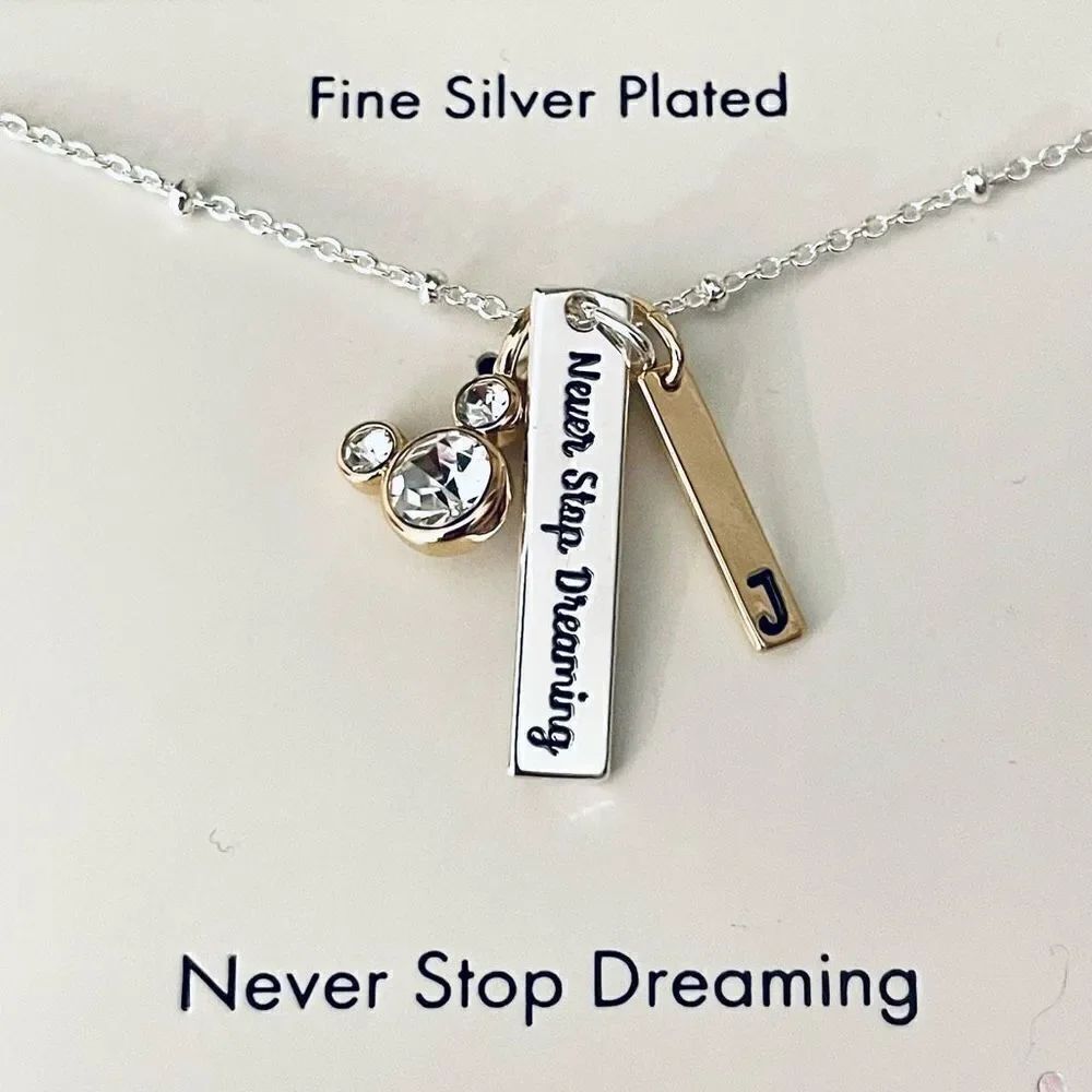 NWT Disney Never Stop Dreaming J initial 3 Charmed Fine Silver Pleated Necklace